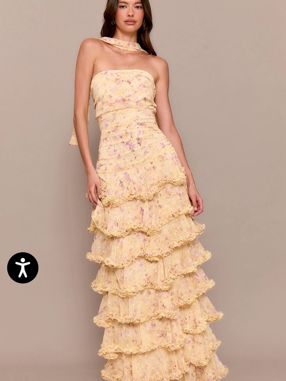 NWT Strapless Yellow Floral Tiered Ruffle Maxi Dress with Neck Scarf - Picture 2 of 6